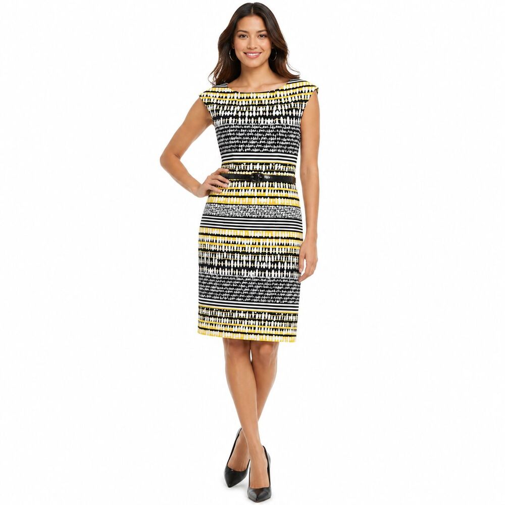 Emma Michele Dress Womens Sze 6 Black White Yellow Geometric Sheath Belted
